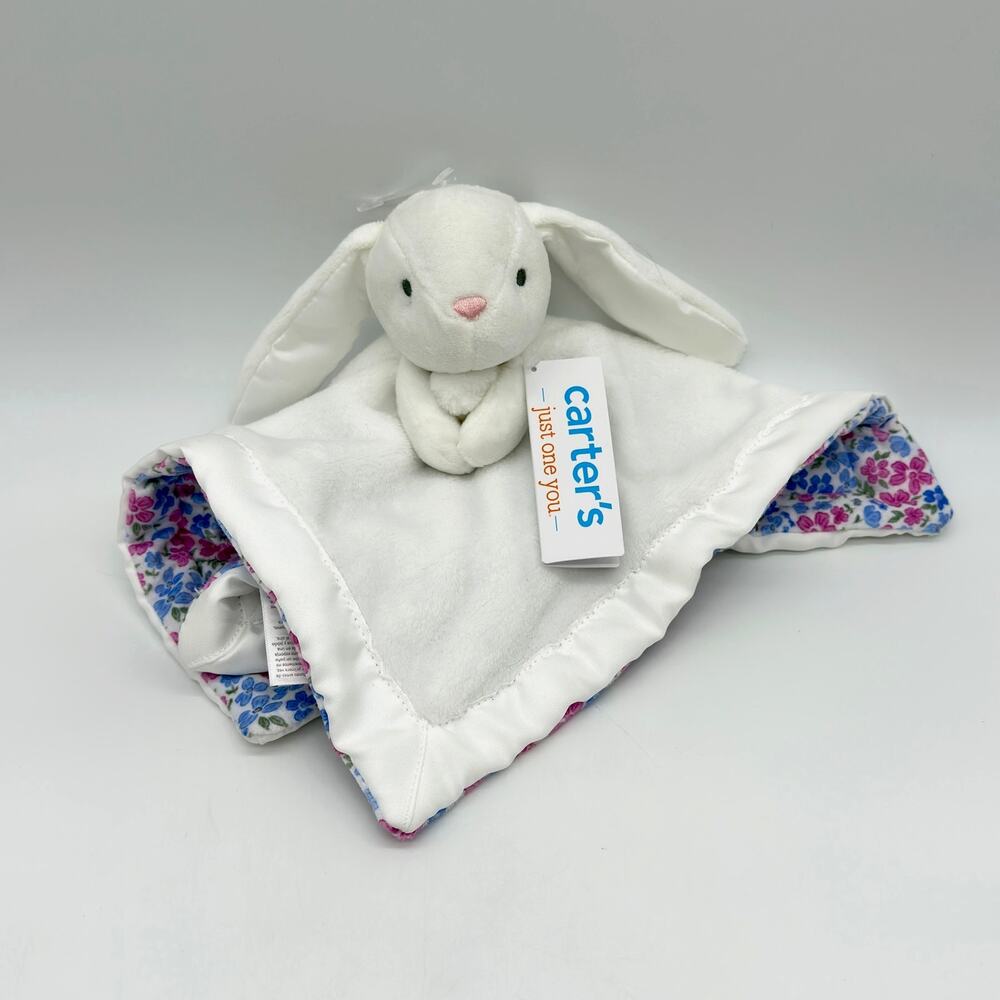 Carter’s White w/ Pink & Blue Flowers Floral Bunny Baby Security Blanket NEW